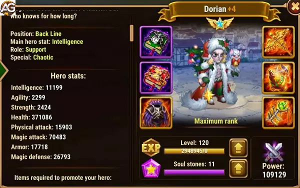 Dorian com visual de inverno, Hero Wars Mobile.