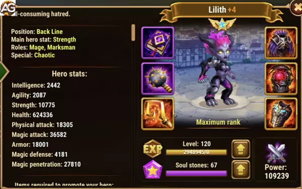 Lilith com visual demoniaco, Hero Wars Mobile.